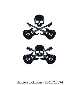 Set of black and white illustrations of a skull, crossed guitars on a white background. Design element for print, emblem, poster, label, sticker and tattoo. Vector illustration. Musical symbolism.