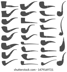 Set of black and white illustrations with smoking pipes of different shapes and types. Isolated vector objects on a white background.