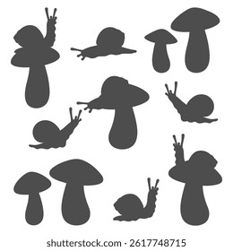 Set of black and white illustrations with snails and mushrooms. Isolated vector objects on white background.