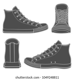 Set of black and white illustrations with sneakers, gumshoes. Isolated vector objects on white background.