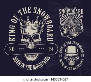 Set of black and white illustrations of snowboard theme with skulls 