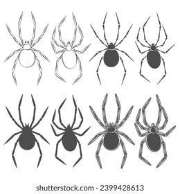 Set of black and white illustrations with spider. Isolated vector objects on white background.