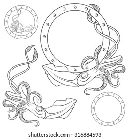 Set of black and white illustrations with squid on a white background 