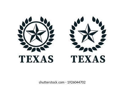 Conjunto de ilustraciones en blanco y negro de una estrella, laurel wreath, texto sobre un fondo blanco. Ilustración vectorial en estilo vintage para emblema, etiqueta, placa. Heraldry de Texas.