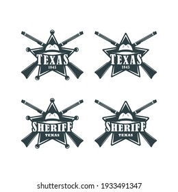 Set of black and white illustrations of a star, hat, gun, text on a white background. Vector illustration for emblem, print, badge and label. Texas symbol. American Western.