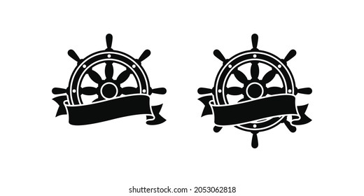 Set of black and white illustrations of a steering wheel, ribbon on a white background. Design element for emblem, label, badge, sticker. Vector illustration. Marine symbols.
