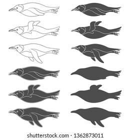 Set of black and white illustrations with swimming penguins. Isolated vector objects on white background.