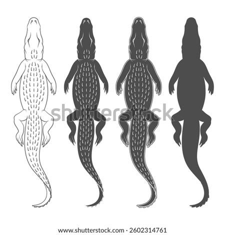 Set of black and white illustrations with swimming crocodile. Isolated vector objects on white background.