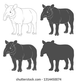 Set of black and white illustrations of tapir. Isolated vector objects on white background.