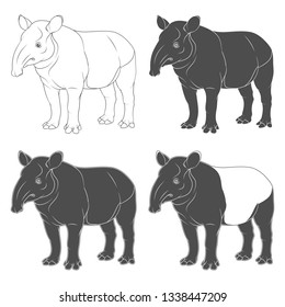 Set of black and white illustrations of tapir. Isolated vector objects on white background.