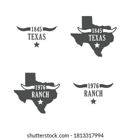 Set of black and white illustrations of Texas state, horn, text and star on a white background. Vector illustration depicts the emblem of the state of texas and the ranch logo. Bull breeding in Texas.