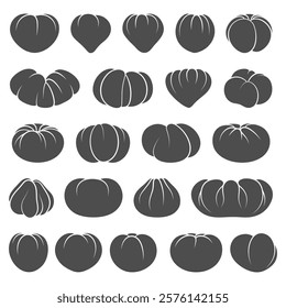 Set of black and white illustrations with tomatoes. Isolated vector objects on white background.
