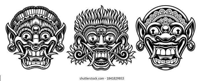 A set of black and white illustrations of traditional Indonesian masks isolated on white background.