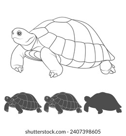 Set of black and white illustrations with turtle. Isolated vector objects on white background.