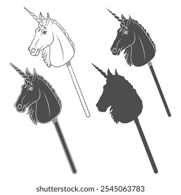 Conjunto de ilustraciones en blanco y negro con juguete de caballo de hobby unicornio en palo. Objetos aislados del vector en el fondo blanco.