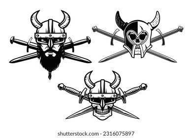 Conjunto de ilustraciones en blanco y negro del casco vigiliado con espadas cruzadas. Casco con espadas. Elemento de diseño