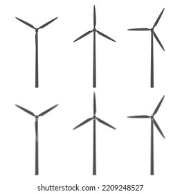 Set of black and white illustrations with a wind turbine, windmill. Isolated vector objects on a white background.