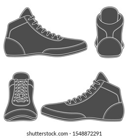 Conjunto de ilustraciones en blanco y negro con zapatos de lucha libre, zapatos deportivos. Objetos vectoriales aislados en un fondo blanco.