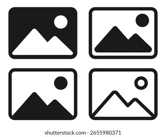 Schwarz-Weiß-Bildsymbole, die Berg und Sonne zeigen. Minimalistische Foto-Platzhaltersymbole mit Bildkontur. Kollektion von Fotosymbolen für die Bildvorschau oder die Galerie-Oberfläche.