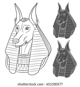 Set of black and white images with Anubis. Vector isolated objects on white background.