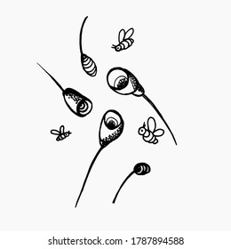 Set of black and white images of a bee and a flower.
Isolated background