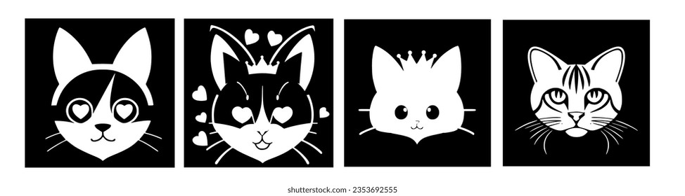 Set black and white images of cats with different faces and ears, sticker, vector art, sots art. Cartoon avatar.