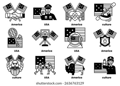 A set of black and white images of flags and people. The flags are from America, Europe, and Asia. The people are dressed in various costumes, including a policeman, a cowboy, and a soldier