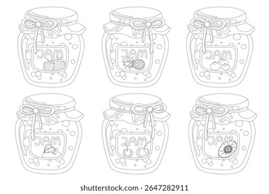 Um conjunto de imagens em preto e branco de frascos com diferentes compotas.  Em um frasco de vidro sobre um fundo branco. Uma sobremesa de frutas feita de kiwi, mirtilo, cereja, morango, abacaxi e maçã. Vetor artesanal 