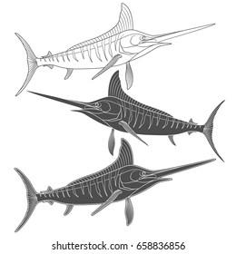 Set of black and white images with marlin fish. Isolated vector objects on white background.