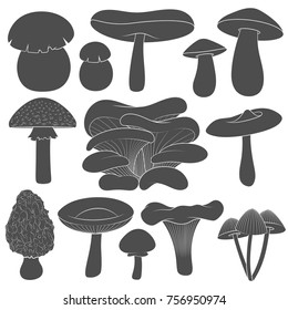 Set of black and white images with mushrooms. Isolated vector objects on white background.