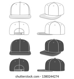 Set of black and white images of a rapper cap with a flat visor, snapback. Isolated objects on white background.