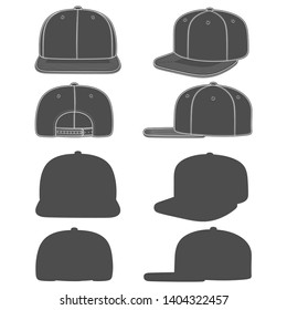 Set of black and white images of a rapper cap with a flat visor, snapback. Isolated objects on white background.