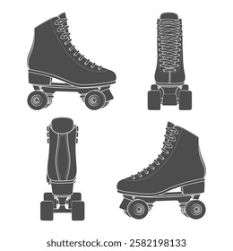 Set of black and white images with rollers, roller quads. Isolated vector objects on white background.