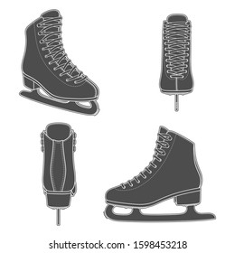 Set of black and white images with skates for figure skating. Isolated vector objects on a white background.