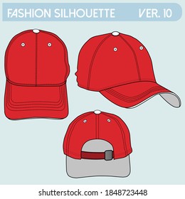 Set of black and white images of a snapback, rapper cap with a flat visor. Isolated objects on white background.