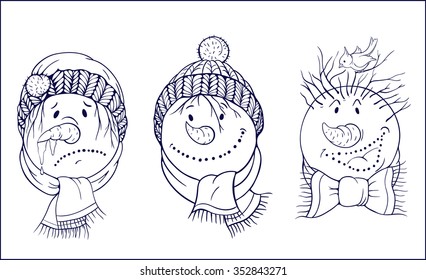 set of black and white images of snowman's face