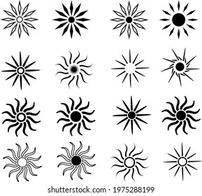 The set of black and white images of the sun. Sun Symbol Set