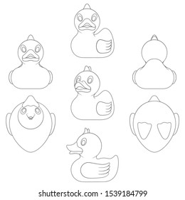 Set of black and white images with a toy duck in different angles. Isolated vector objects on a white background.