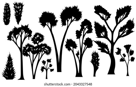 a set of black and white images of trees in a cartoon style for prints on covers, cards, clothes, as well as for other illustrations