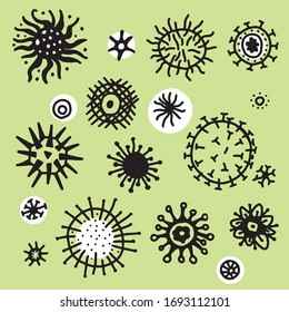 A set of black and white impressions of COVID-19 (coronavirus) and other viruses. Simple and minimalistic with a touch of hand-drawn style.