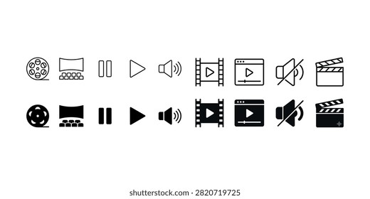 Set of black and white including reel, cinema, screenplay, pause, sound and clapperboard vector illustration isolated on white background.