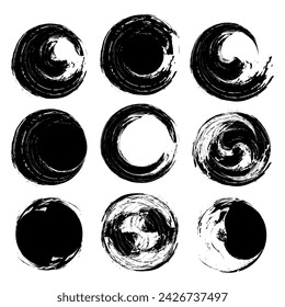 un conjunto de círculos de tinta en blanco y negro, círculo de pincel de manchas de tinta, círculo de tinta, conjunto de círculo de pincel, conjunto de trazo de pincel negro