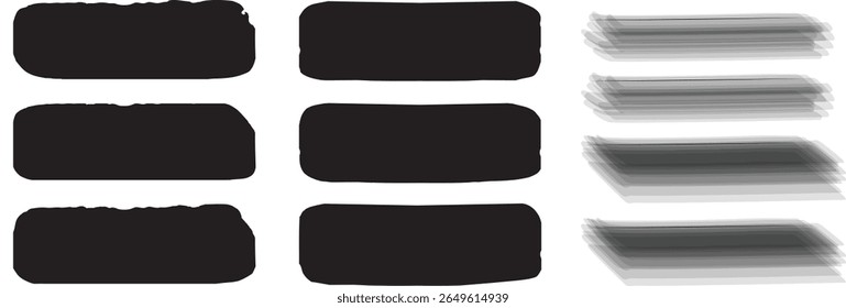 Conjunto de salpicaduras de tinta en blanco y negro Conjunto de líneas de pincel. Vector abstracto grungy líneas rectas, círculos, bordes y marcos. Pinturas texturizadas. Antiguas limpio, preciso y redondo pinceladas patt	