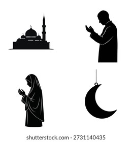 Conjunto de iconos islámicos en blanco y negro con mezquita, hombre y mujer rezando y luna creciente. Ideal para diseños religiosos y culturales.