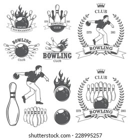 Set of black and white isolated bowling emblems, labels, badges and designed elements. Set 2