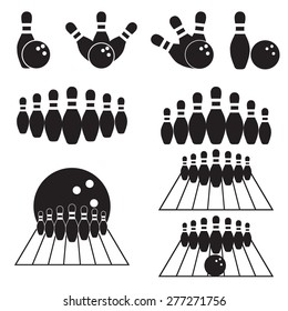 Set of black and white isolated bowling badges and designed elements.