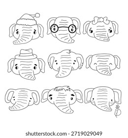 Conjunto de elefantes brancos negros isolados. Lindos animais de linha sobre fundo branco para livros educativos ou colorir