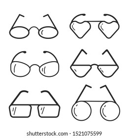A set of black and white isolated glasses isolated. Different shapes, frame styles.
