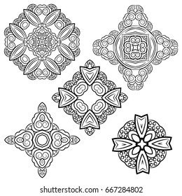 Set of black white isolated hand drawn mandala, coloring book print element, vector ornament