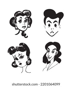 Conjunto de retratos aislados en blanco y negro. Avatares para sitios web, aplicaciones, medios sociales. Ilustración vectorial de dibujos animados planos